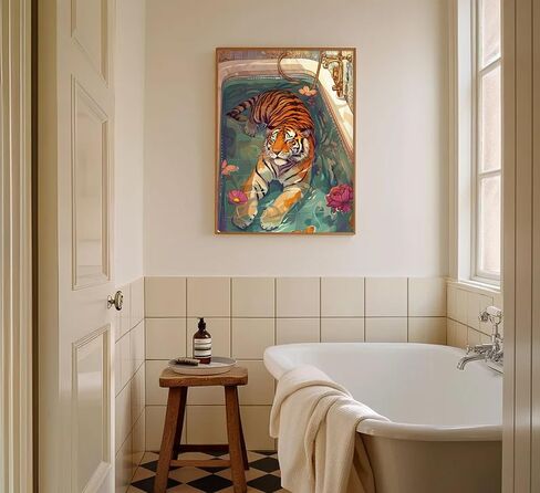 Tiger in Bathtub Wall Art Funny Bathroom Animal Painting Picture Wall Decor Eclectic Trendy Aesthetic Poster Print Artwork for Bathroom Toilet Home Decoration in Saudi Arabia