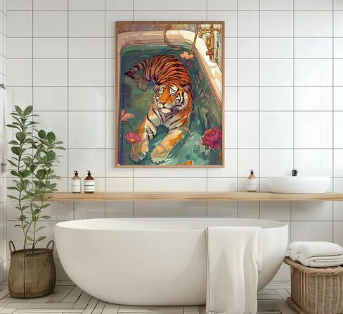Tiger in Bathtub Wall Art Funny Bathroom Animal Painting Picture Wall Decor Eclectic Trendy Aesthetic Poster Print Artwork for Bathroom Toilet Home Decoration in Saudi Arabia