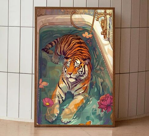 Tiger in Bathtub Wall Art Funny Bathroom Animal Painting Picture Wall Decor Eclectic Trendy Aesthetic Poster Print Artwork for Bathroom Toilet Home Decoration in Saudi Arabia
