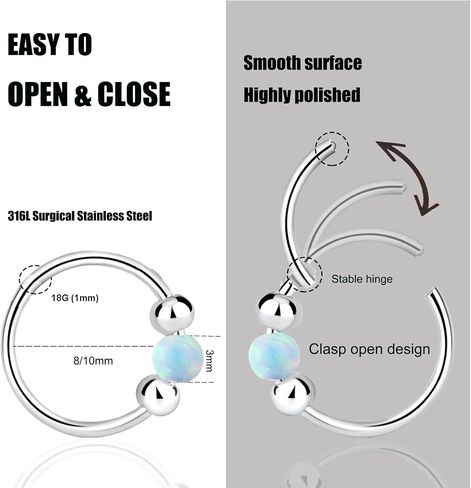 2Pcs Small Cartilage Hoop Earrings for Women Men, Opal Silver Earrings Hypoallergenic 316L Surgical Steel Hinge Huggie Hoop Earrings Blue Opal earrins (8+10mm) in Saudi Arabia