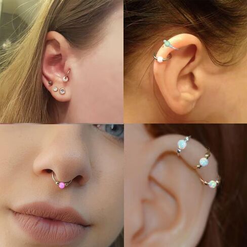 2Pcs Small Cartilage Hoop Earrings for Women Men, Opal Silver Earrings Hypoallergenic 316L Surgical Steel Hinge Huggie Hoop Earrings Blue Opal earrins (8+10mm) in Saudi Arabia