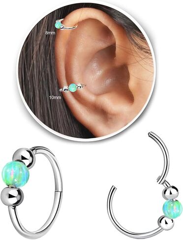 2Pcs Small Cartilage Hoop Earrings for Women Men, Opal Silver Earrings Hypoallergenic 316L Surgical Steel Hinge Huggie Hoop Earrings Blue Opal earrins (8+10mm) in Saudi Arabia