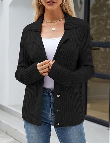 سترة نسائية غير رسمية بأكمام طويلة ورقبة على شكل طية صدر من Genhoo وسترات صوفية متماسكة وأزرار للأسفل موضة خريف 2024 سترات للسيدات ملابس خارجية in Kuwait