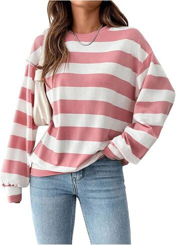 Verdusa Women's Round Neck Long Sleeve Loose Striped Sweatshirt Pullover Tops in Saudi Arabia