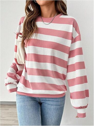 Verdusa Women's Round Neck Long Sleeve Loose Striped Sweatshirt Pullover Tops in Saudi Arabia
