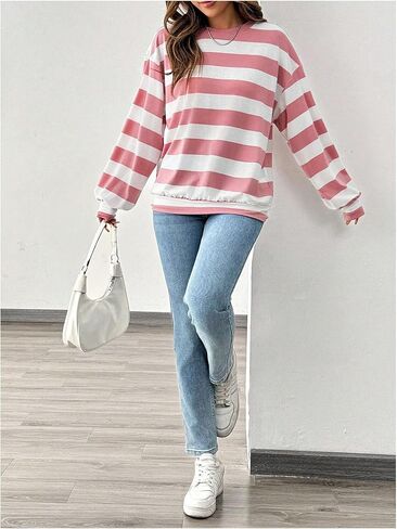 Verdusa Women's Round Neck Long Sleeve Loose Striped Sweatshirt Pullover Tops in Saudi Arabia