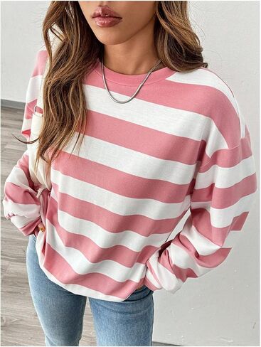 Verdusa Women's Round Neck Long Sleeve Loose Striped Sweatshirt Pullover Tops in Saudi Arabia