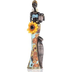QIANLING Sunflower African Lady Figurine, Resin African American Figurines, Afrocentric Decor African Woman Statue, Suitable for Interior, Living Room, Room, Bookcase, Fireplace, Centerpiece