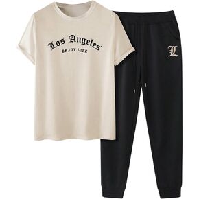 Men's 2 Piece Jogger Set Short Sleeve Letter Graphic Tees and Elastic Waist Sweatpants