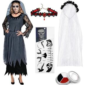 Corpse Bride Costume Women Halloween Day of the Dead Zombie Dress Women's Dia de los Muertos Rose Flower Costume