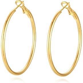 Gold Dangle Hoop Earrings for Women, 14K Real Yellow Gold Plated Stainless Steel Earrings Drop Hypoallergenic Large Hoop Earrings(70mm)