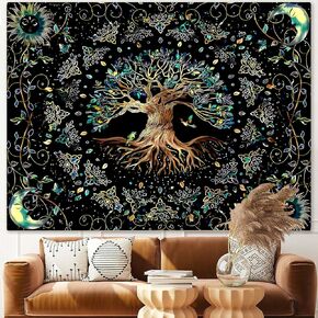 Moon Phase Tree of Life Tapestry Nature Flower Plant Butterfly Tapestries Boho Mandala Spiritual Tapestry Aesthetic Wall Hanging for Home Decor Bedroom Living Room Dorm Decor (51.18" x 59.06", Green)