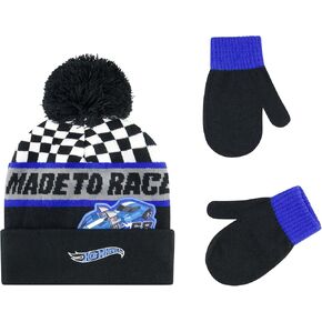 Mattel Hot Wheels Toddler Beanie Hat and Gloves Set, Checkered Cuffed Knit Cap with Pom and Matching Mittens, Black, One Size