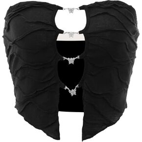 Floerns Women's Strapless Textured Cut Out Butterfly Asymmetrical Hem Tube Sleeveless Crop Top