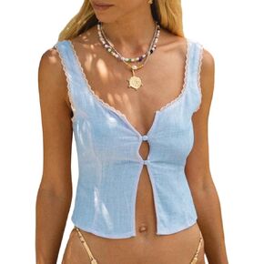 Women Open Front Sleeveless Tank Top Lace Trim Button Crop Tops Summer Sexy Slim Fit Back Tie Up Vest Streetwear