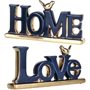 Love Sign Decor,Blue and Gold Room Decor Aesthetic, Knick Knack Shelf,Gold Bird Decor, Boho Bookshelf ,Abstract Gold Statue ,For Living Room,Bedroom, Contemporary Tv Stand Decor set of 2 (2, Blue)