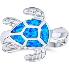 Personalize Nautical Tropical Beach Vacation Sea Mom Mother Tortoise Family Trio Iridescent Blue Created Opal Inlay Turtle Ring For Women Teen .925 Sterling Silver Customizable