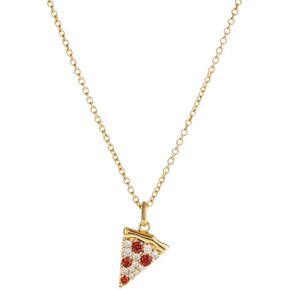 Dainty Pizza Crystal Pendant Necklace for Women 14K Gold Plated Cute Red Cubic Zirconia Diamond Exquisite Tiny Sparkly Creative Food Triangle Cheese Charm Chain Necklaces Christmas Jewelry Gift Daughter BFF