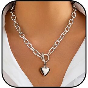 Chunky Gold Heart Necklaces for Women Gold Chunky Cross Necklace Dainty Gold Coin Sun Pendant Necklace Puffy Heart Necklace Cuban Link Necklace OT Buckle Necklace Metal Disc Charm Necklace Gold Statement Jewelry