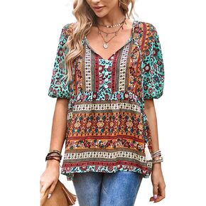 Women's Casual Floral Print V Neck Top Loose Boho Short Sleeve Beach Shirts Blouses