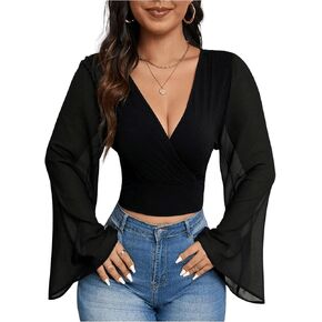 OYOANGLE Women's Plus Size Bell Long Sleeve Wrap V Neck Ruched Blouse Chiffon Crop Tops