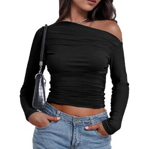 Buauty Womens Off Shoulder Tops Long Sleeve Crop Tops Casual Boat Neck Going Out Blouses One Shoulder Y2K Tight Shirts 2024