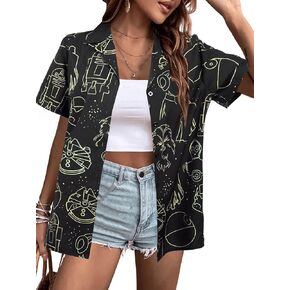 Movie Button Down Shirts Women: Spaceship Hawaii Blouse Oversized Summer Beach Tops Space Battle Movie Lover Gifts Tee
