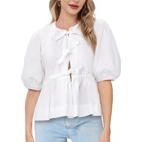 Womens Tie Front Top Peplum Babydoll Shirt 3/4 Puff Sleeve Blouse Bow Coquette Tshirt Y2K Going Out Trendy 2024