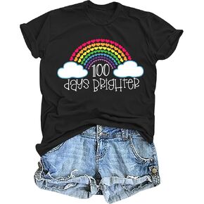 ELDSP Women 100 Days of School Shirt: 100 Days Brighter T-Shirt Teach Print Tshirt 100 Days Teacher Gift Tops