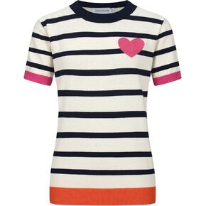 OXKnit Women's 1960s Retro Knit Short Sleeve, Heart Pattern Crewneck Casual Black Stripes T-Shirts