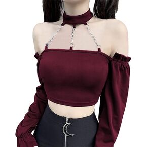 Dark Punk Crop Top with Chains Women Punk Off Shoulder Hollow Out Solid Backless Long Sleeve Tops in Kuwait