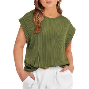 Eytino Womens Plus Size Tops Summer Cap Sleeve Crew Neck Casual Loose Solid Ribbed Knit Basic Tee Shirt(1X-5X)