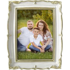 Vintage Picture Frame 6x8 Inch, White Gold Ornate Antique Frame with Glass Front Tabletop Display Photo Frame for Wedding, Party, Home Gallery Decor(Horizontal or Vertical)