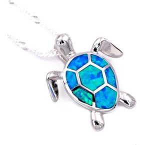Chandria's Treasures Synthetic Blue Fire Opal Sea Turtle Pendant Necklace 18" - Holiday Sale