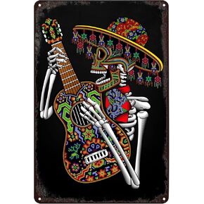 SREELEATHERS Vintage Metal Signs - Mexican Skeleton Playing Guitar Poster Mexico Day of The Dead Skull Tin Sign Wall Art Decor Plaque for Home Bar Pub Club Living Room 8x12 inch
