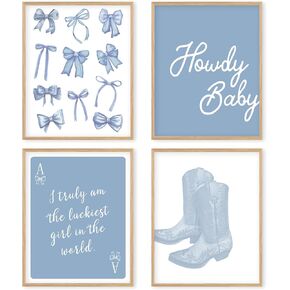 Boat Wades Blue Western Howdy Wall Art Poster,Western Cowboy Cowgirl Boots Poster Prints Wall Art,Blue Bow Wall Art Decor,Cowgirl Bedroom Dorm Decor,Coquette Room Decor Wall Art 8x10 Set Of 4