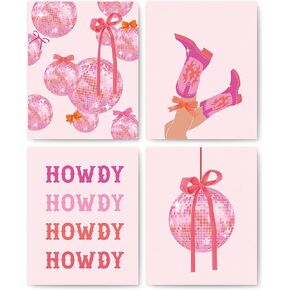 okaxscm Hot Pink Coquette Preppy Howdy Wall Art Prints Set of 4, Preppy Room Decor Aesthetic, Cowgirl Room Decor, Pink Bow Disco Ball Cowgirl Wall Decor Posters for Girls Bedroom Dorm, 8x10 Unframed