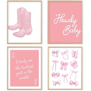 Boat Wades Blue Western Howdy Wall Art Poster,Western Cowboy Cowgirl Boots Poster Prints Wall Art,Blue Bow Wall Art Decor,Cowgirl Bedroom Dorm Decor,Coquette Room Decor Wall Art 8x10 Set Of 4