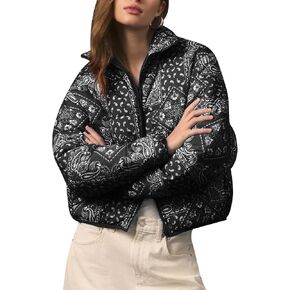 D-Sun Women's Cropped Puffer Quilted Jacket Floral Print Oversized Zip Puffer Jacket Open Front Coat Outerwear With Pockets