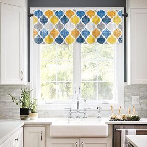 Kitchen Curtain Valances for Windows, Vintage Geometric Moroccan of Yellow Blue and Gray Colored Valance Curtains for Kitchen, Rod Pocket Window Curtain Bathroom Window Valance for Bedroom 54"x18"