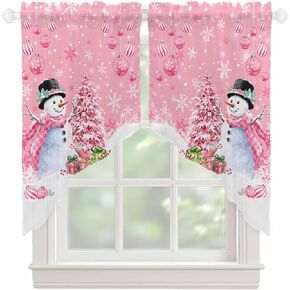 Pink Snowman Christmas Swag Valances for Windows, Balls Xmas Tree Farmhouse Window Valance Sheer Curtains, Snowflake Light Filtering Swag Curtains for Kitchen, Bedroom, Bathroom, 36"Wx36"Lx2