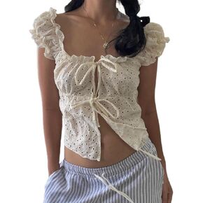 Women's Y2K Tie Front Crop Top Frilly Cap Sleeves Square Neck Bow Tie Slim Fit Tops Eyelet Tank Cami Tube Top