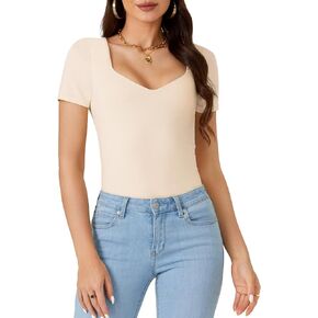 OPOIPIN Women's Sweetheart Neck Short Sleeve Slim Fit Basic T-Shirt Tee Top