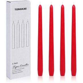 Taper Red Candles, Set of 4, Unscented, Smokeless, Dripless, 10 inches, Cotton Wick, 7-8 Hours Burn Time, for Dinner, Wedding, Party, Holiday, Religious Events, Home Decor