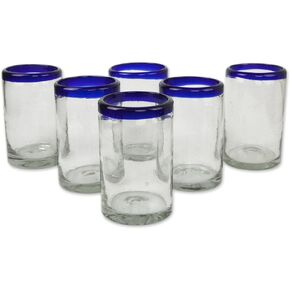 NOVICA Artisan Crafted Hand Blown Clear Cobalt Blue Rim Recycled Glass Tumblers,14 Oz. 'Classic' (Set Of 6)
