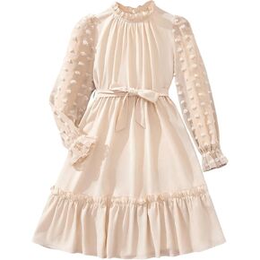 Floerns Girl's Swiss Dots Bishop Long Sleeve Frill Mock Neck Party A Line Dress