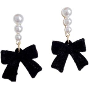 Pearls Bow Earrings for Women Red Black Velvet Bow Earring for Brides Women Birthday Christmas Special Day Gifts