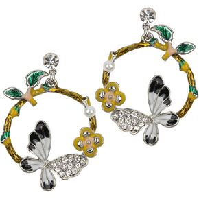 Women's Butterfly Wreath Flower Leaves Dangle Earrings - 1-2/5 Inch Long - Lead & Nickle Free - Crystals & Enamel - Ultra Light ( Black )