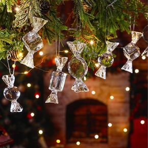 15 Pcs Candy Themed Crystal Christmas Tree Ornaments Hanging Clear Acrylic Christmas Tree Decorations Hand Blown Art Ornaments with Ropes for Christmas Xmas Tree Party Decorations