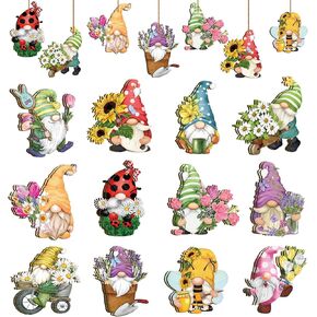 Spring Hanging Ornament Gnomes Flowers Wooden Hanging Decoration Colorful Floral Pendant with Hemp Rope for Home Party Wall Decor, 24 Pack